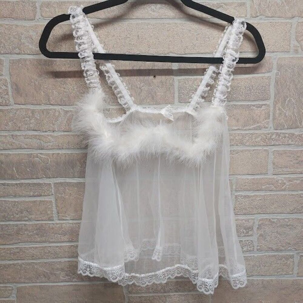 Vintage Risque White Sheer Lace and Feather Trimmed Size Small Coquette Camisole